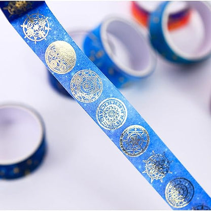 12 Rolls Galaxy Washi Tape Set, Gold Foil Decorative Masking Tape for Scrapbooking, Bullet Journal, Planner, DIY Crafts, Gift Wrapping