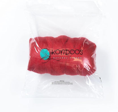 Kondoos Colored Natural Wool roving, 1 lb. Best Wool for Needle Felting, Wet Felting, handcrafts and Spinning. (Red, 1 lb)