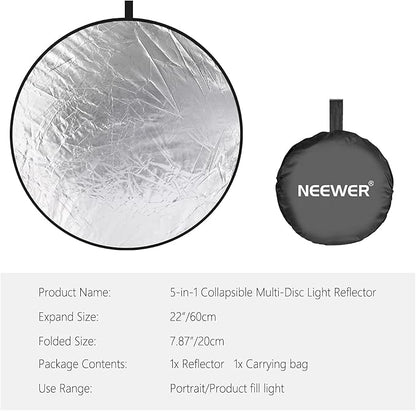 NEEWER 22 Inch/60 Centimeter Light Reflector Light Diffuser 5 in 1 Collapsible Multi Disc with Bag - Translucent, Silver, Gold, White, and Black for Studio Photography Lighting and Outdoor Lighting