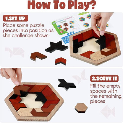 Yunsailing 3 Pack Hexagon Wooden Puzzle Wood Russian Blocks Tangram Puzzle Brain Teaser Puzzles Geometric Jigsaw Block Russian Blocks Logic IQ STEM Toy for All Ages Kid Adult(Vintage)