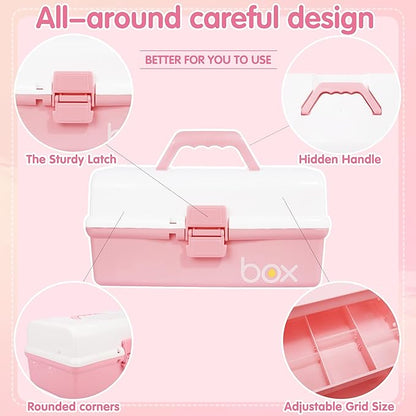 12in Three-Layer Multipurpose Storage Box Organizer Folding Tool Box/Art & Crafts Case/Sewing Supplies Organizer/Medicine Box/Family First Aid Box with 2 Trays (White Pink)
