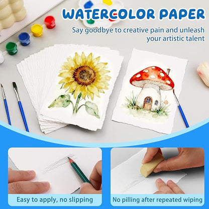 Lunarm Watercolor Paper 50 Sheets, Deckled Edge Paper 300 GSM 4 x 6 inch, Handmade Textured Cotton Paper for Wedding Invitation, Oil Pastel, Watercolor Painting and Cards, Crafts