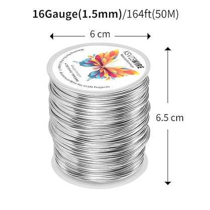 16 Gauge(1.5mm) Aluminum Wire 164 Feet(50M) KSVZS Bendable Metal Wire for Crafts, Sculpting, Armature, Jewelry Making【3-in-1】+18Gauge(1.0mm) 32.8Ft(10M)+1 Pliers(Silver)…