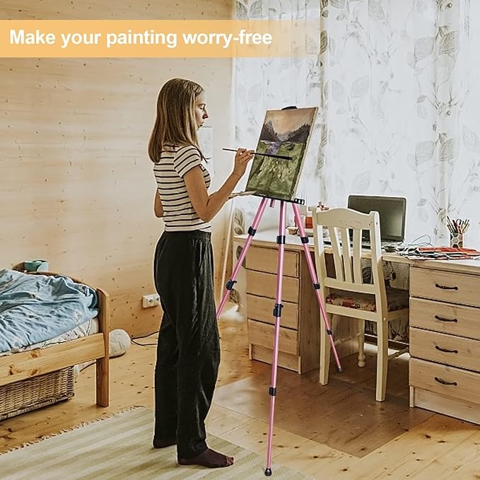RRFTOK Artist Easel Stand, Aluminum Metal Adjustable Easel for Painting Canvases Height from 17 to 66 Inch,Carry Bag for Table-Top/Floor Drawing and Displaying(Pink)