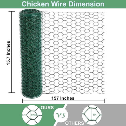 Chicken Wire for Floral Arrangements, 15.7 x 157 Inches Green Mesh, 0.6 Inch Hexagonal Galvanized PVC Coated Netting Fence for Crafts, Poultry, Garden