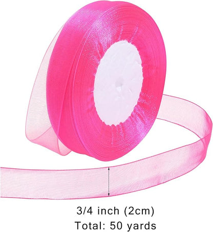 Ribbon for Gift Wrapping 3/4 inch Hot Pink Sheer Organza Ribbon for Flower Bouquet Tulle Thin Chiffon Ribbons for Wedding Invitations Christmas Halloween Presents Decorations Crafts 50 Yards