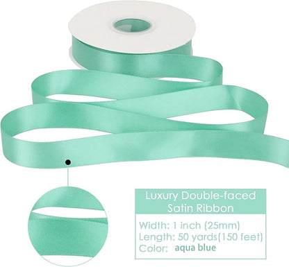 HUIHUANG Satin Ribbon 1 inch Aqua Blue Ribbon 50 Yards Aqua Blue Double Face Silk Satin Ribbons for Crafts Christmas Tree Decor Gift Wrapping Bows Bridal Floral Bouquet Wedding Baby Shower Decor