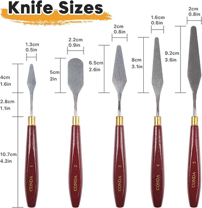 CONDA 5 Pcs Palette Knife Painting with 3 Plastic Scrapers, Stainless Steel Spatula Palette Knife Oil Paint Metal Knives Wood Handle