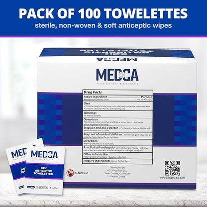 Hand Wipes – (Pack of 100) Benzalkonium Chloride Swabs Individual BZK Single-Use Packets by MEDca