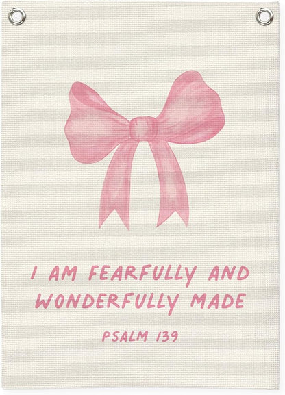 Bible Verses Wall Decor,Pink Coquette Bow Linen Canvas Banner,Christian Wall Art I Am Fearfully And Wonderfully Made Wall Hanging Flag for Kids Girl Bedroom Living Room Dorm 18x25 Inch