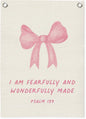 Bible Verses Wall Decor,Pink Coquette Bow Linen Canvas Banner,Christian Wall Art I Am Fearfully And Wonderfully Made Wall Hanging Flag for Kids Girl Bedroom Living Room Dorm 18x25 Inch