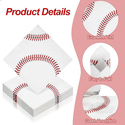 Aodaer 48 Pieces Baseball Napkins - 13 x 13 Inches Disposable Pattern Napkins for Sports Party Supplies, Birthday Party Decorations