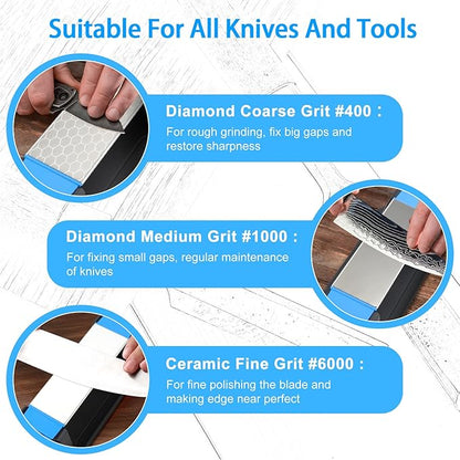 Diamond Sharpening Stone,3 Side 400/1000/6000 Grit Premium Industrial Diamond & Ceramic Whetstone Knife Sharpener Stone With Edge Grip holder and Non-slip Base