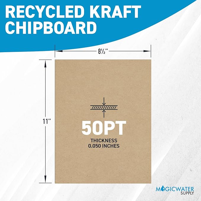 MagicWater Chipboard Sheet for DIY Projects - 8.5x11 Inch - 25 Pack - 50 pt - Heavy Duty Kraft. (0.050 Inch Thick) Paperboard, for Scrapbooking, Books, Picture Frame Backing, Arts Project & Crafts