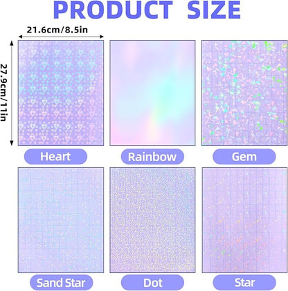 36 Sheets Holographic Sticker Paper, Clear Vinyl Lamination Sticker Film Self Adhesive, Transparent Overlay Laminate Sticker Paper Waterproof-Gem/Dots/Sand Star/Rainbow/Star/Heart, 8.5x11 Inch