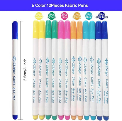 12 pcs Water-Erasable Fabric Pen Set - 6 Colors for Sewing, Embroidery & DIY Tracing