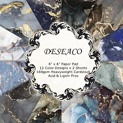 Colored Marble Scrapbook Paper Pad 6x6 – Black Blue Purple Gold Patterned Paper Scrapbooking CardStock, Decorative Craft Origami Paper Junk Journal, Single-Sided Decopodge Paper Supplies-24Pcs