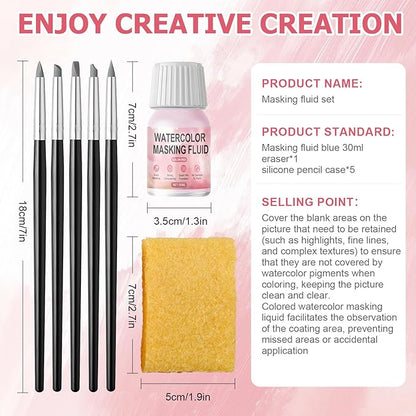 WANJAO Masking Fluid for Watercolor Painting, Liquid Masking Tape with Silicone Pens Cleaning Brush for Painting Fast Drying Easy Peel Use to Art Watercolor Supplies Retouching Covering, 30ml Red