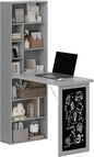 HOMCOM Fold-Out Convertible Writing Table, Wall Mount Desk Cabinet with Blackboard and Side Shelf Multi-Function Home Office Workstation, Charcoal Gray