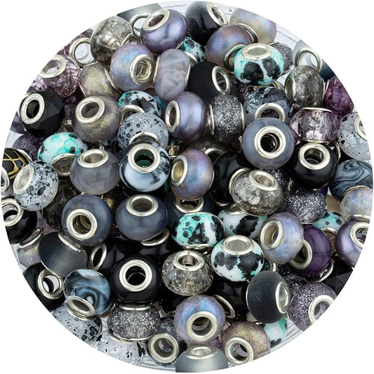 LAIDANLA Black Mix Large Hole Beads, 100pcs 14mm Round Resin, Plastic, Acrylic Loose Beads for Jewelry Making, Crafts & Decoration