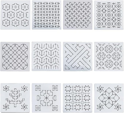 FREEBLOSS Sashiko PET Stencils - Geometric Hand Embroidery Patterns for Drawing and Quilting - 14x14cm Template