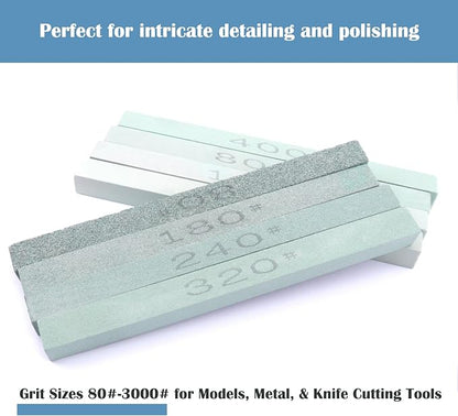 8 pcs Rectangular Shaped Sharpening Stone Sticks Set, 5.92inch Green Silicon Carbide Stones, Grit Sizes 80#-3000# for Models, Metal, & Knife Cutting Tools