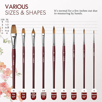 Sable Paint Brushes Professional Watercolor Paintbrushes Set for Artists 9pcs, Ideal for Watercolor, Acrylic, Includes Round Pointed, Flat, Cat's Tongue
