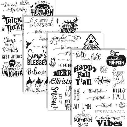 Whaline 4 Sheets Holiday Clear Stamps Fall Halloween Christmas Nativity Scene Greeting Words Silicone Transparent Stamps for DIY Craft Card Making Scrapbooking Embossing Album Decor