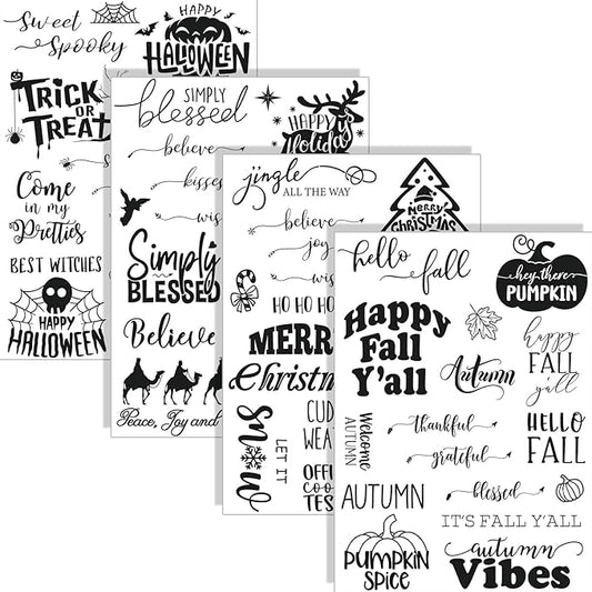 Whaline 4 Sheets Holiday Clear Stamps Fall Halloween Christmas Nativity Scene Greeting Words Silicone Transparent Stamps for DIY Craft Card Making Scrapbooking Embossing Album Decor