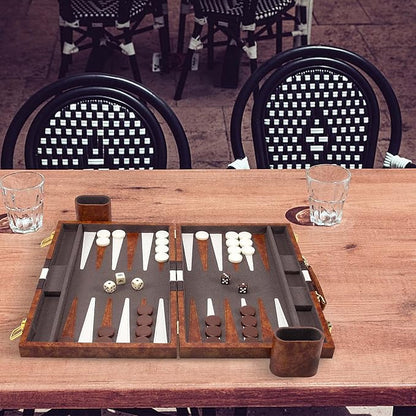 AMEROUS Backgammon Set, 15 Inches Classic Board Game with Leather Case, Folding Board, Gift Package, Portable Travel Strategy Backgammon Game Set for Adults, Kids (Medium, Brown)