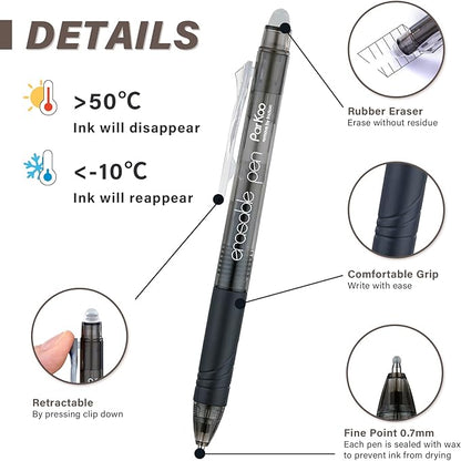 ParKoo Retractable Erasable Gel Pens Clicker Fine Point 0.7 mm, No Need for White Out, Black Ink for Completing Sudoku and Crossword Puzzles, 12-pack