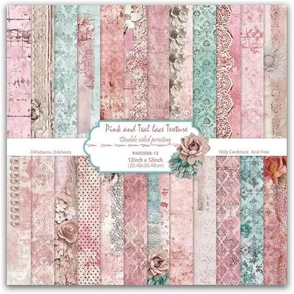 Pink Lace Scrapbook Paper Vintage Flower Pattern Papers Pad 12×12,24 Sheets Double-Sided Bobo Floral Scrapbooking CardStock Paper Pad for Holiday Cardmaking DIY Origami Papers.