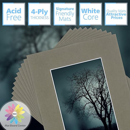 Mat Board Center, Pack of 10, 8x10 for 5x7 Gray Color Mats - Bevel Cut, Acid Free, 4-ply Thickness, White Core - for Pictures, Photos, Framing