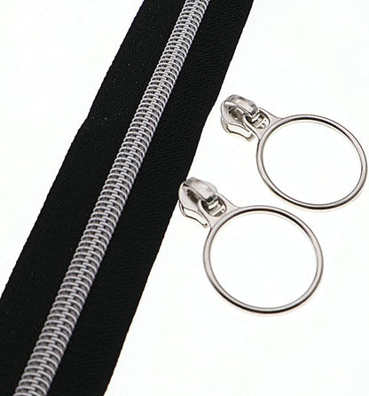 Leekayer #5 Silver Metallic Nylon Coil Zippers by The Yard Bulk 10 Yards Black Zipper Tape with 25pcs Silver Sliders for DIY Sewing Tailor Craft Bag(Black)