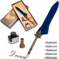 AHIER Quill Pen and Ink Set, Feather Pen Quill Pen Set Includes 5 Steel Replacement Nibs,Pen Nib Base and Dip Ink Bottle for Antique Calligraphy (Blue)