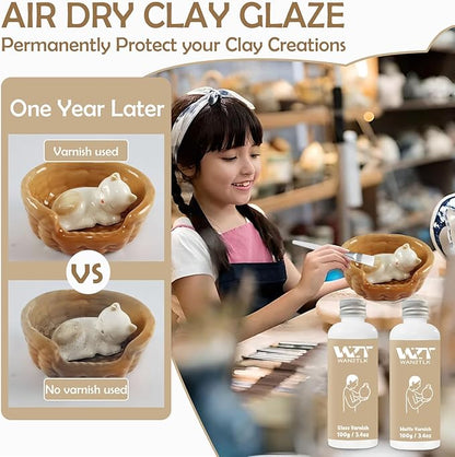 Air Dry Clay Glaze & Varnish 2-Pack (Matte & Gloss) - 100ml Each with Brush, Waterproof & Scratch Resistant Gloss Clay Varnish for Pottery/DIY Crafts/Sculptures