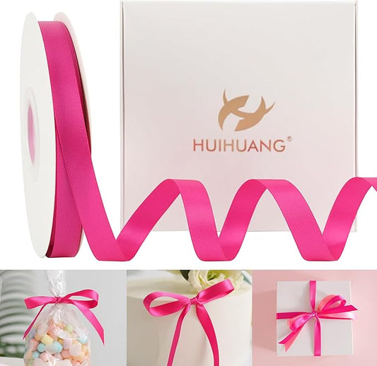 HUIHUANG Hot Pink Satin Ribbon 1/2 inch X 50 Yards Continuous Fuchsia Double-Faced Satin Ribbon for Gift Wrapping, Bows, DIY Crafts, Flower Bouquet, Wedding Bridal Shower Decor, Flower Crown