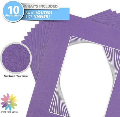 Mat Board Center, Pack of 10, 8x10 for 5x7 Purple Color Mats - Bevel Cut, Acid Free, 4-ply Thickness, White Core - for Pictures, Photos, Framing