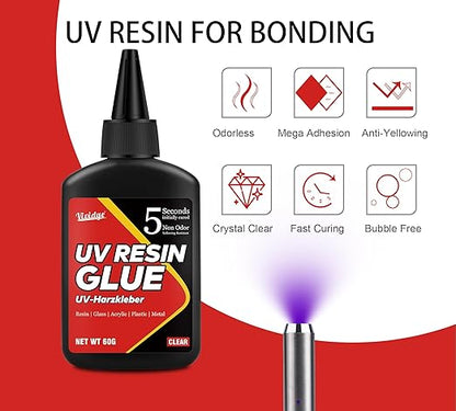 UV Resin Kit with Light - 60g UV Resin with Rechargeable Flashlight, Fast Curing in 5 Seconds, Clear UV Glue for Welding Plastic, Glass Repair, Acrylic - UV Adhesive for Bonding Jewelry, DIY, Crafts