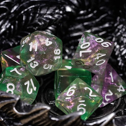 7-Die DND Dice Set Polyhedral Dice Set with a Leather Dice Bag, D&D Dice Set for Dungeons and Dragons, RPG Table Games (Green Pink/Glitter)