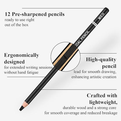 Charcoal Pencils for drawing, Set of 12, Charcoal Drawing Pencils (S-Soft, Soft, Medium, Hard), Art Supplies for Artist, Sketching, Shading