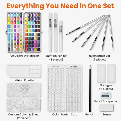 Watercolor Paint Set, 100 Colors, Travel Water Colors kit with 9 Brushes, 3 Swatch Cards, Palette set Including Metallic and Accessories Art Supplies Gifts for Kids Artists Teens Adults and Hobbyists
