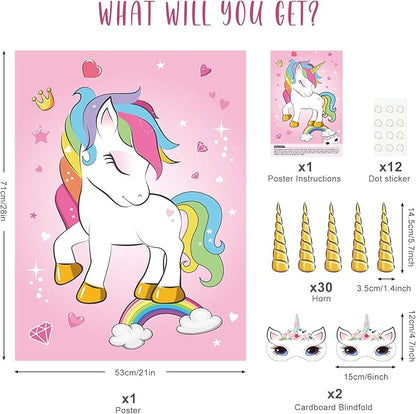 ASTARON Pin The Horn on The Unicorn Birthday Party Game with 30 Horns for Unicorn Party Supplies Favors Girls Rainbow Party Decorations, Pin The Tail Game for Christmas