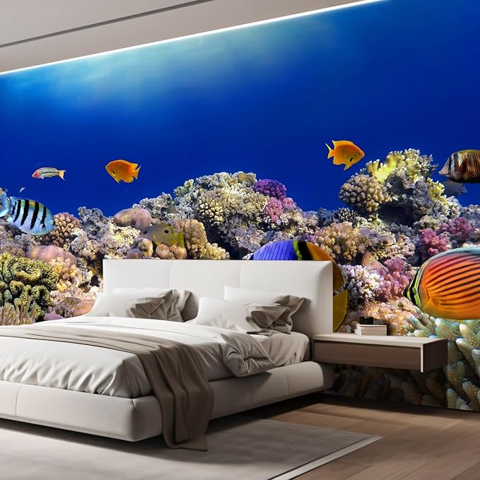 wall26 Removable Wall Sticker/Wall Mural Tropical Blue Fish Coral Reef Ocean Seascape Nature Wilderness Photography Nautical Landscape Decorative for Living Room, Bedroom, Office - 132x192 inches