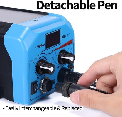 YIHUA 939D-II Pyrography Pen Wood Burning Kit Station 2-in-1 Solid-Point 200~480°C (with Temp Display)/Wire-Nib 250~750°C with 20 Nibs, Solid Points, 1 Stable Pen Holder, 2 Scrap Wood (Blue)