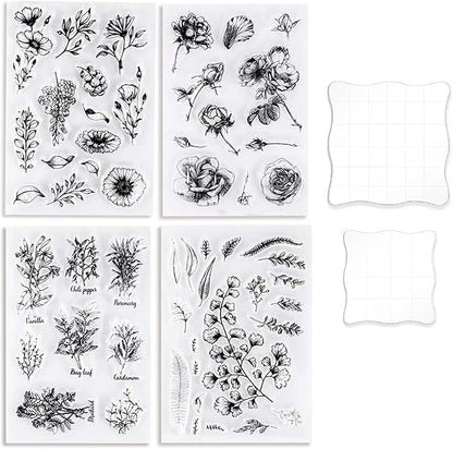 UCEC 4 Sheets Clear Stamps Set for Card Making, 2 Pcs Acrylic Stamp Block (7.5*7.5cm & 5*5cm), Vintage Plants Flowers Rubber Silicone Stamps, Small Clear Stamps for Crafts Decoration DIY Scrapbooking