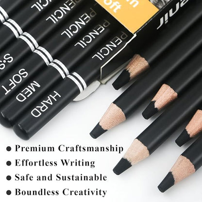 Charcoal Pencils for drawing, Set of 12, Charcoal Drawing Pencils (S-Soft, Soft, Medium, Hard), Art Supplies for Artist, Sketching, Shading