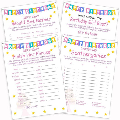 ALodr Girls Birthday Party Set, 20 Birthday Double Sided Cards Set, Girls Birthday Party Activity Notebook Themed Party Activity and Idea - Girl Birthday Supplies, Activity, Decorations