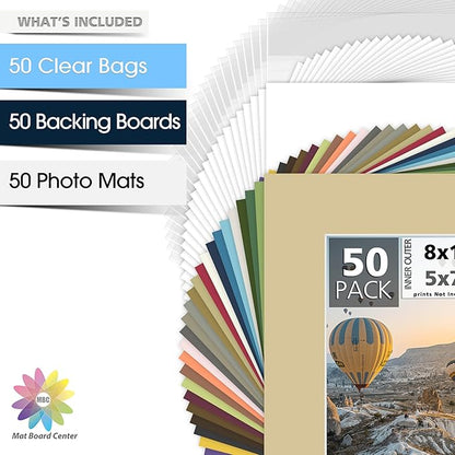 Mat Board Center, Pack of 50, 8x10 for 5x7 Mix Color Picture Mat Sets - Acid Free, 4-ply Thickness, Bevel Pre-Cut White Core - Includes Backing Boards and Clear Bags - for Pictures, Photos, Framing