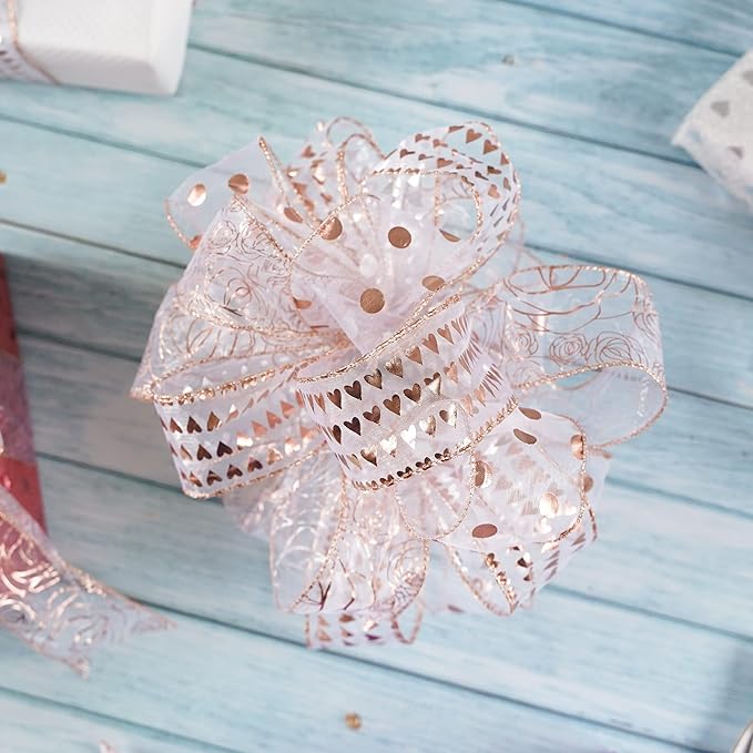 MEEDEE Heart Wired Ribbon - 2.5 Inch Rose Gold & Pink Sheer Organza Ribbon, 25 Yards Roll, Perfect for Valentine Bows & Decor